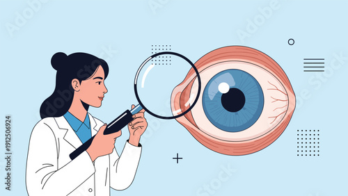 Female ophthalmologist examining a giant human eye illustration using a handheld magnifying glass in a clinic.