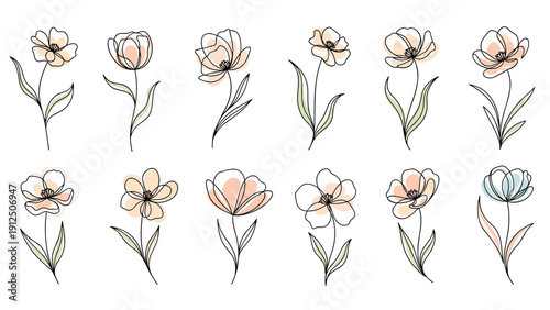 Collection of various delicate flower illustrations in a thin line art style with soft peach and green color accents.