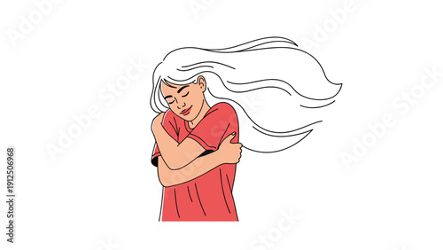 Illustration of a young woman with long white hair in a red shirt hugging herself as a symbol of self love and care.