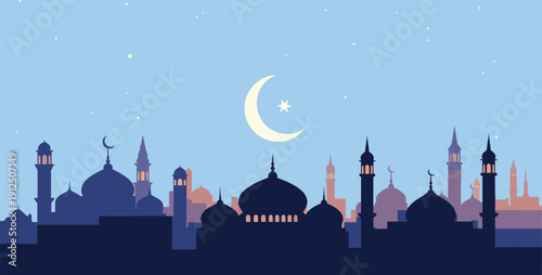 Beautiful Islamic mosque skyline with crescent moon and star at night, Ramadan Kareem or Eid Mubarak festive background, spiritual architecture illustration in blue tones
