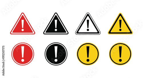 Collection of various colored warning and danger alert signs featuring exclamation marks for immediate attention