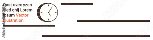 Time management, design elements, scheduling tools, creative concepts, editable templates, layout ideas. Clock icon and placeholder text with black horizontal lines. Time management and design