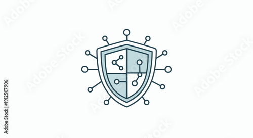 A shield icon with connected nodes and lines, symbolizing security, protection, technology, network, and safety, viewed from the front in a simple illustration style.
