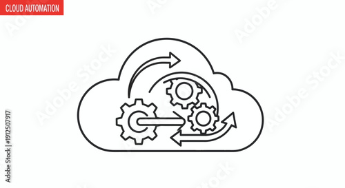 Cloud automation concept illustration showing gears and arrows within a cloud shape indicating process optimization and workflow automation in a digital environment from a top viewpoint