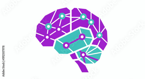 A graphic illustration of a human brain with purple and teal geometric shapes and white lines representing neural connections from a frontal viewpoint
