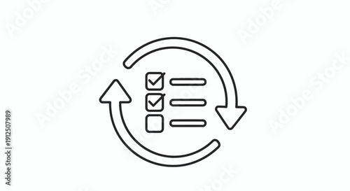 A simple line icon of a checklist with circular arrows indicating a task or process being reviewed or updated from a straightforward perspective