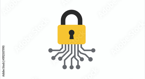 Cybersecurity concept illustrated with a yellow padlock and circuit board connections representing data protection and secure technology in a digital environment from a straightforward viewpoint