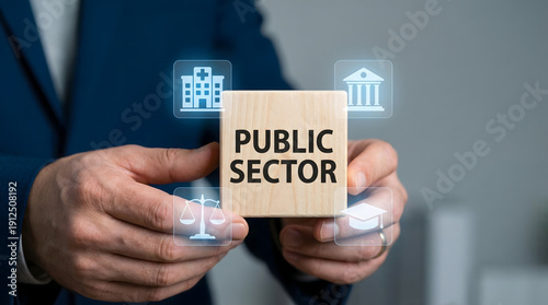 Businessman presenting public sector concept with wooden block and icons