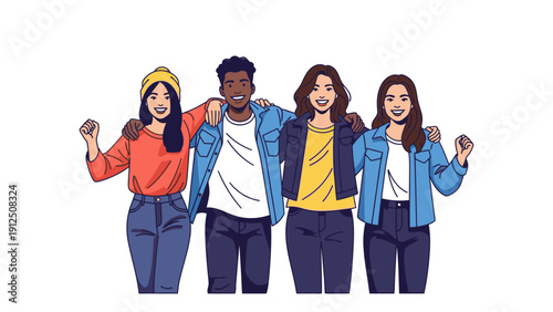 Diverse group of four friends standing together with arms around each other and fists raised in a colorful, cartoon-style illustration against a clean white background.