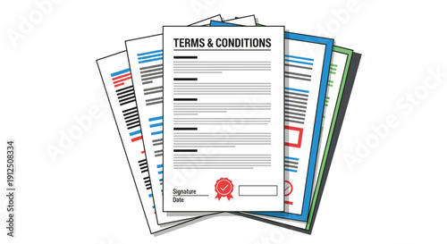 A stack of important legal documents, including terms and conditions, contracts, and official papers, symbolizing agreements and regulations.