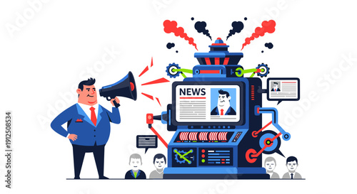 A businessman uses a megaphone to announce news generated by an elaborate, smoking machine to an attentive audience, illustrating media dissemination and public information.