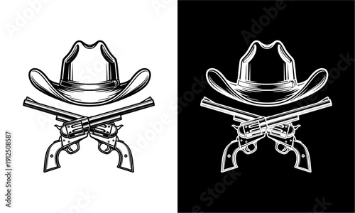 Classic Cowboy Hat and Crossed Revolvers Vintage Western Emblem Design.
