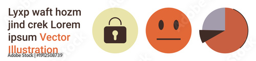 Data privacy, emotional expression, analytics, internet security, cybersecurity, business trends. Lock, neutral face pie chart. Data privacy and emotional expression clearly