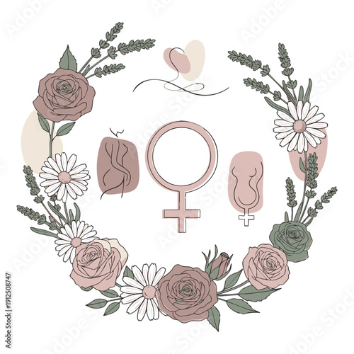 Celebrating Women's Day with a delicate floral wreath surrounding the female symbol and reproductive organs illustration