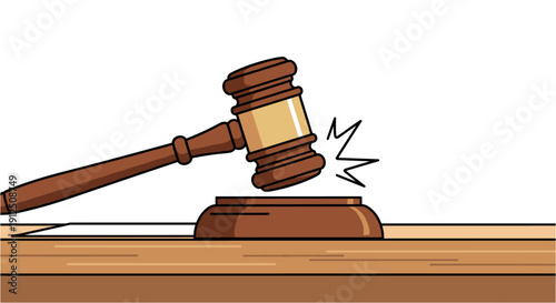 A wooden judge's gavel striking a sound block on a table, symbolizing justice, law, and legal proceedings.