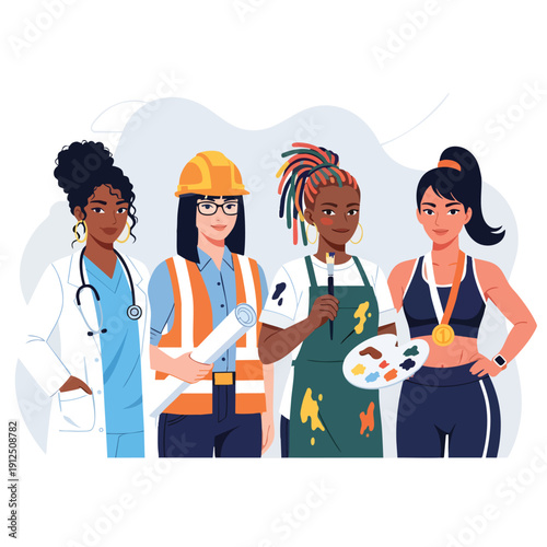 Celebrating Women's Day with diverse women in various professions, including medicine, construction, art, and fitness, showcasing their skills and talents.