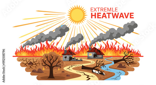 A devastating extreme heatwave causes widespread destruction, with houses burning, trees fallen, dry land, and a parched riverbed under a scorching sun.