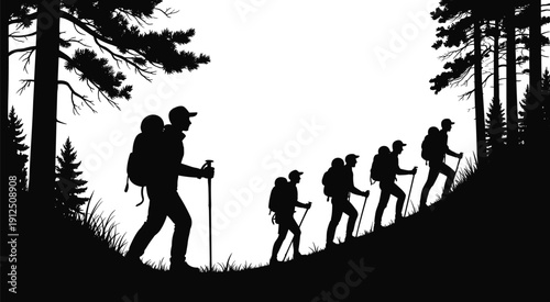 Black and white silhouette of hikers with backpacks and trekking poles climbing a mountain trail through a pine tree forest