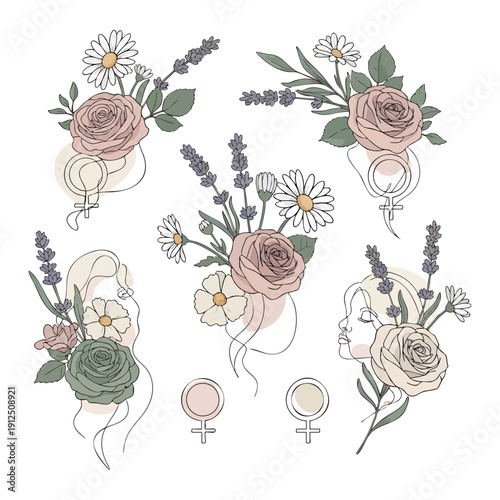 Celebrating Women's Day with Floral Arrangements Featuring Roses, Lavender, and Daisies in a Minimalist Illustration Style