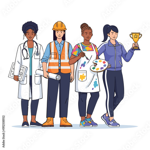 Women celebrating International Women's Day standing together in various professions with symbols of their work