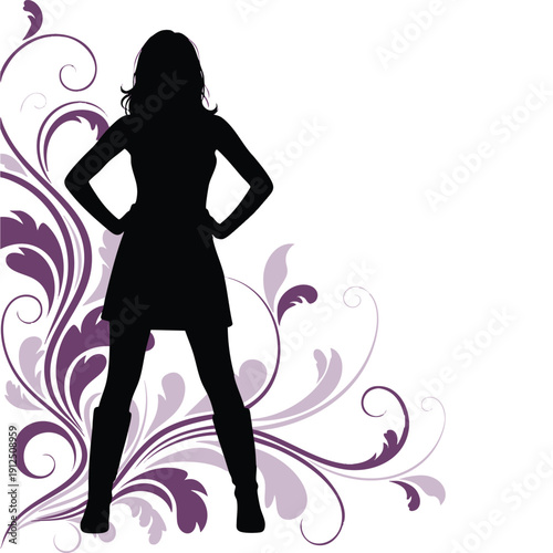 Celebrating International Women's Day with a confident silhouette of a woman standing hands on hips surrounded by elegant floral decorations