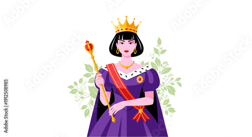 Elegant queen character illustration in a royal purple gown, adorned with a golden crown and holding a majestic scepter, symbolizing monarchy and power.