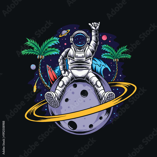 astronaut sitting on planet saturn containing coconut trees and summer beach in outer space