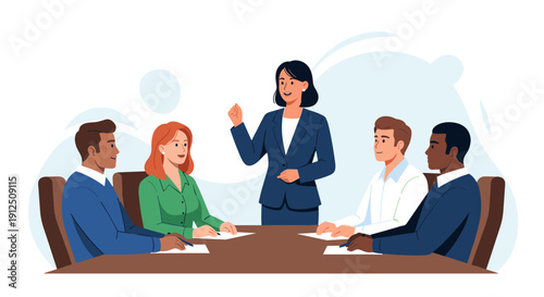 Diverse business team collaborating in a modern office, with a female leader guiding the discussion and sharing innovative ideas.