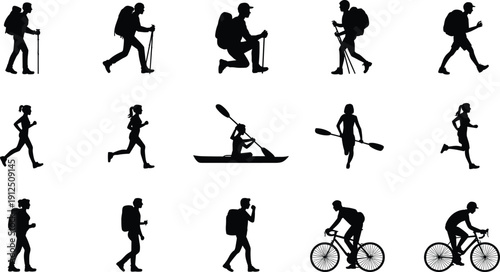 Black Silhouette Icons Collection of People Hiking, Kayaking, Cycling, Running, Business Meetings, Children Playing Sports, and Various Daily Life Routine Activities
