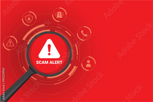 Magnifying glass scanning scam alert symbol, representing fraud detection, cybersecurity monitoring and online threat analysis.