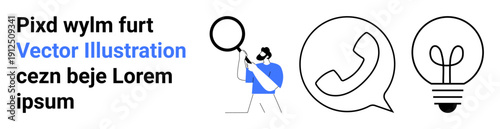 Customer support, idea generation, communication tools, modern design, problem-solving, creative thinking. Includes a person with magnifier, thought symbols lightbulb and phone icon. Customer