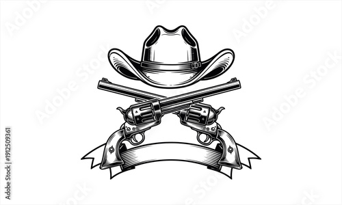 Classic Western Emblem with Cowboy Hat and Crossed Revolvers.