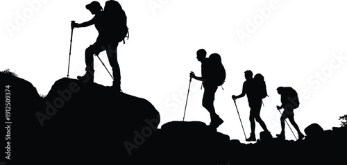 Black silhouette of mountain hikers group with backpacks and trekking poles climbing rocky terrain during outdoor adventure and nature exploration