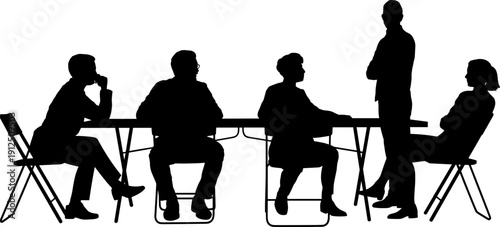 Black silhouettes of business professionals sitting at a long conference table during a corporate meeting and office discussion in silhouette