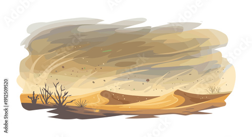 A captivating hand-drawn illustration depicting a powerful desert sandstorm with swirling winds and flying debris, showcasing the raw force of nature.