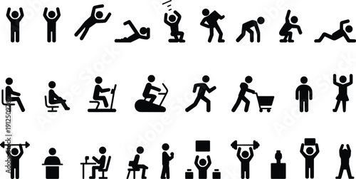 Black Stick Figure Icons Collection Featuring People Exercising, Working at Desks, Shopping, Weightlifting, Sitting, Running, and Various Daily Life Human Activities