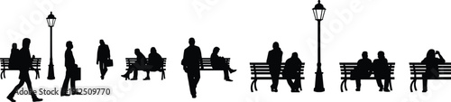 Black silhouettes of people sitting on park benches and walking past street lamps representing urban relaxation public spaces and community