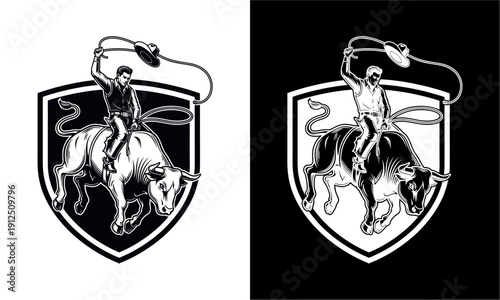 Dynamic rodeo cowboy riding a bull with a lasso in a shield emblem.