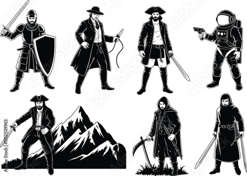Collection of monochrome character illustrations including medieval knight, pirate, astronaut, detective, and fantasy warriors in flat vector and vintage engraving styles