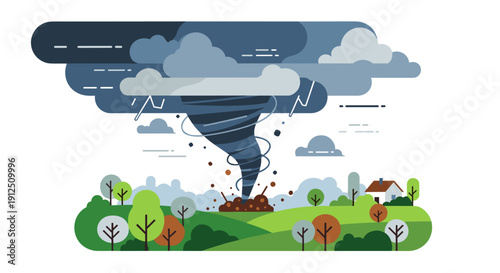 A powerful and destructive tornado illustration, swirling down from dark storm clouds, impacting a vibrant green landscape with trees and a small house.