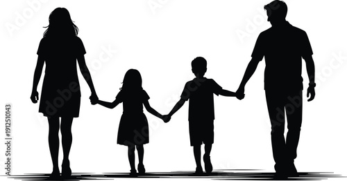 Happy family silhouette walking together holding hands mother father daughter and son isolated on white background for love and unity