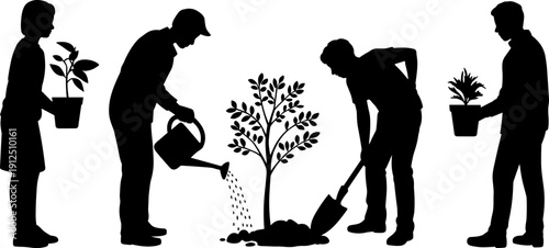 Group of diverse people planting trees and gardening together in silhouette style for environmental conservation sustainability and community nature project teamwork