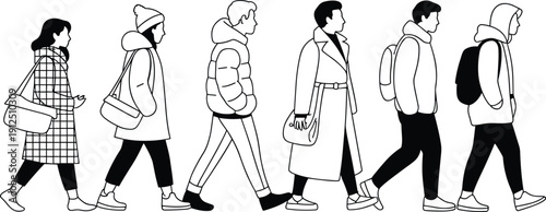 Line art illustration of diverse group of people walking in winter clothes jackets and coats for urban lifestyle and commuting