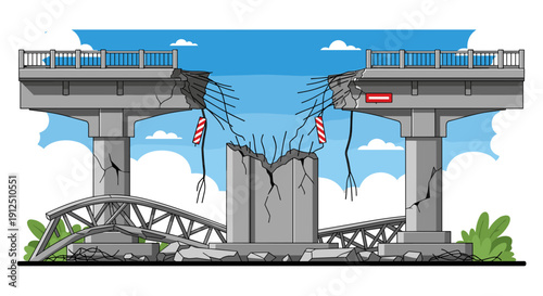 A dramatically collapsed bridge stands as a stark symbol of infrastructure failure, requiring urgent repair and reconstruction efforts.