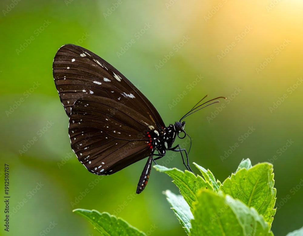 Fototapeta premium A black butterfly perched on green leaves in a natural setting