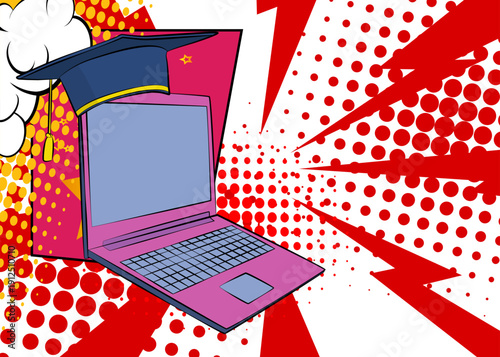 Cartoon Laptop, comic book Notebook with Graduation Cap. Retro vector comics pop art design.