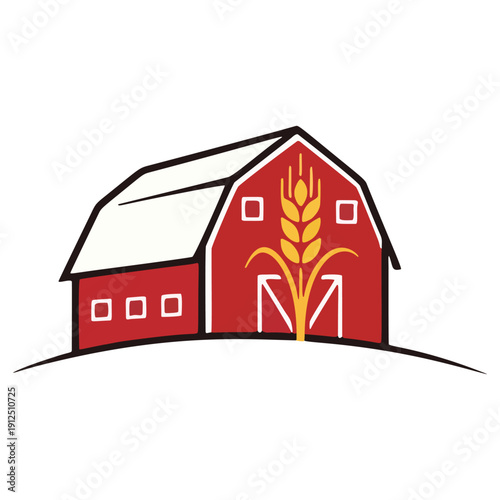 Red barn and golden wheat stalk logo vector. Agriculture icon featuring a farm building and cereal crop. Sunrise farming symbol design template