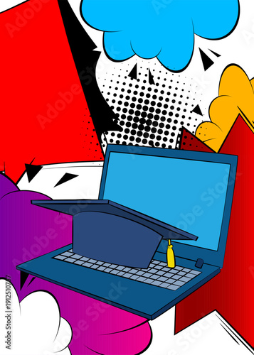 Cartoon Laptop, comic book Notebook with Graduation Cap. Retro vector comics pop art design.
