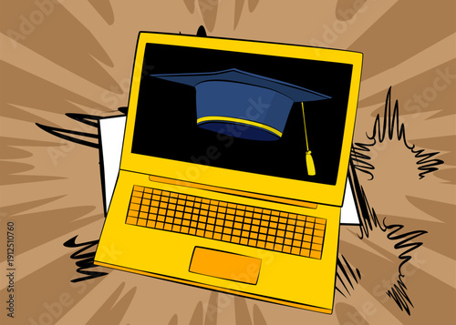 Cartoon Laptop, comic book Notebook with Graduation Cap. Retro vector comics pop art design.