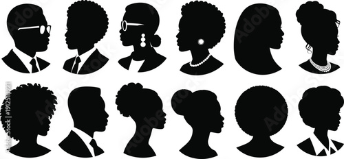 Set of Black and White Vector Silhouettes Featuring Diverse African American Men and Women in Professional Business and Stylish Attire